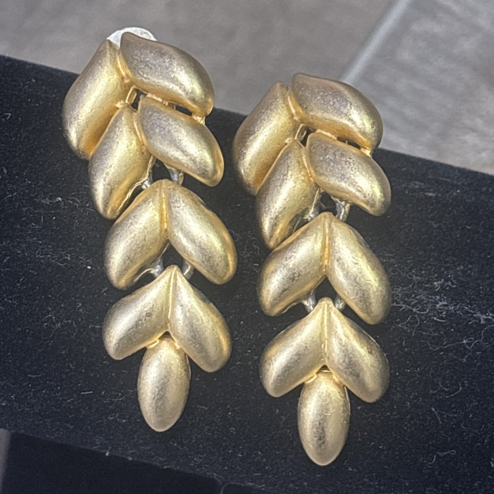 Vintage Erwin Pearl Gold Tone Leaf Drop Earrings Statement Dangle Designer
